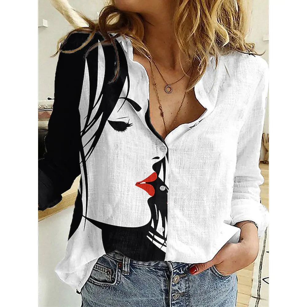 Women's Long Sleeve Shirt 3D Flower Printed Button Long Sleeve Tops Women's Blouse For Office Lady Clothing