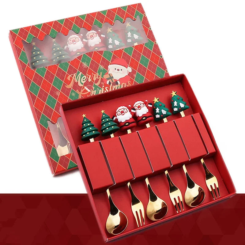 Christmas Gift Set of 2 or 4 or 6 Pieces Gold Spoon Fork Tree Decoration Fruit Fork and Coffee Spoon elk designs