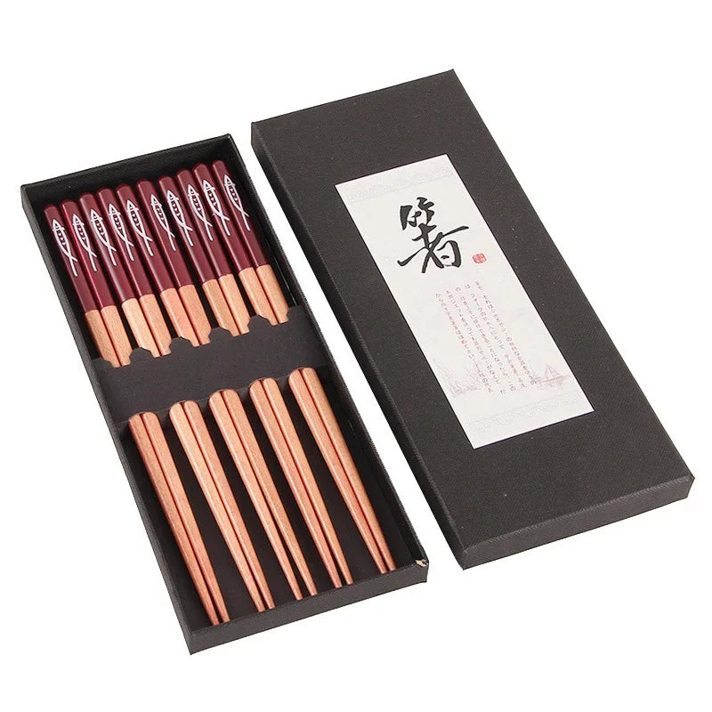 5 pair non-slip bamboo chopsticks in a gift box, multi-colored set, eco-friendly.