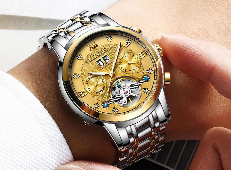 LIGE Luxury Tourbillon Watch for Men Sport Men's Mechanical Wristwatches Casual Waterproof Automatic Watch