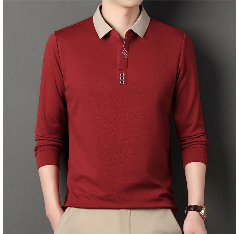 Men's Polo T-Shirt Casual Waffle Long Sleeve T-shirt Spring Autumn Elastic Lapel Base Shirt Top Brand Male Clothes