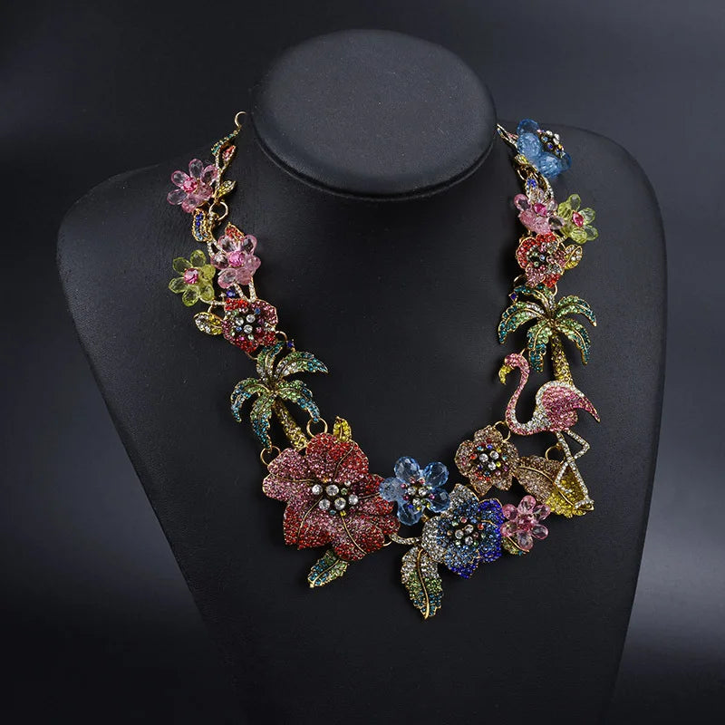 Necklace Colorful Crystal Rhinestone Flower Flamingo Necklace Choker Necklace