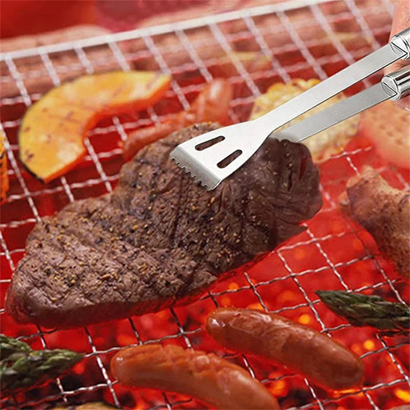 Stainless steel barbecue tool set for outdoor grilling, includes tongs and 9-piece kit.