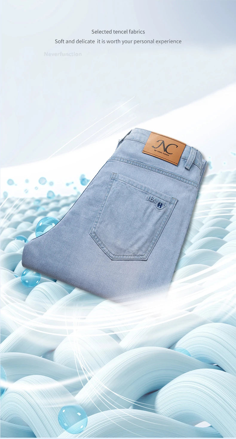 Men's Jean Pant Ultra-thin Light Blue Lyocell Fabric Breathable Loose Straight Business Casual Male Denim Trousers