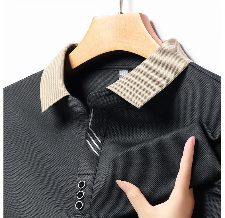 Men's Polo T-Shirt Casual Waffle Long Sleeve T-shirt Spring Autumn Elastic Lapel Base Shirt Top Brand Male Clothes