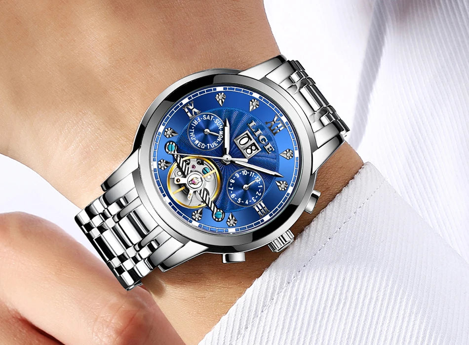 LIGE Luxury Tourbillon Watch for Men Sport Men's Mechanical Wristwatches Casual Waterproof Automatic Watch