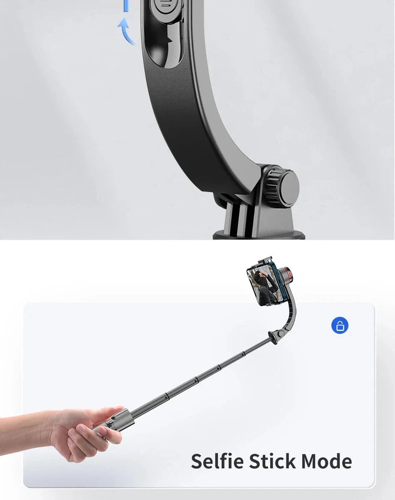 Selfie stick tripod with gimbal stabilizer and Bluetooth remote in use, showcasing its extendable feature and fill light function.