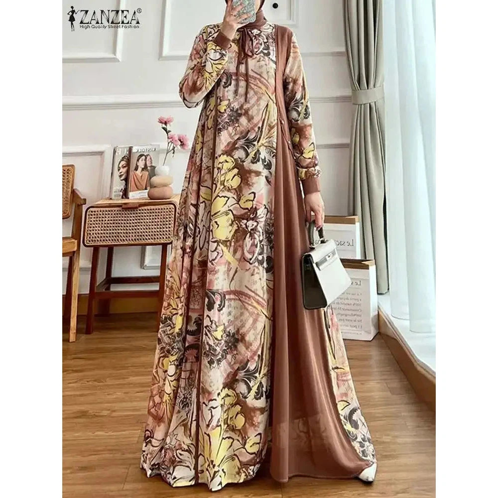 Abaya Muslim Fashion Long Sleeve O Neck Abaya Robes ZANZEA Women Elegant Floral Printed Patchwork Long Dresses