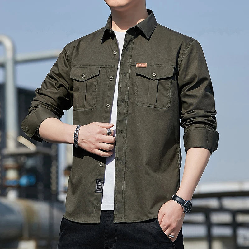 Men's Shirt Cotton New Cargo Style Long Sleeve Outdoor Casual High Quality Clothing