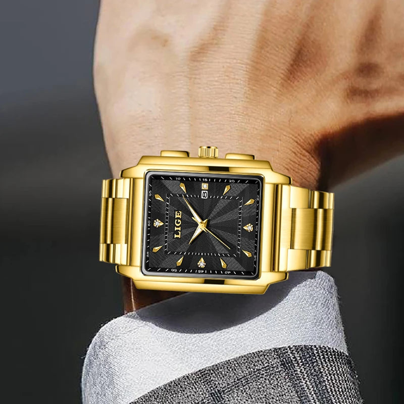 LIGE Men Square Gold Watch Top Brand Luxury Quartz Watches Stainless Steel Waterproof Wristwatch Relogio Masculino