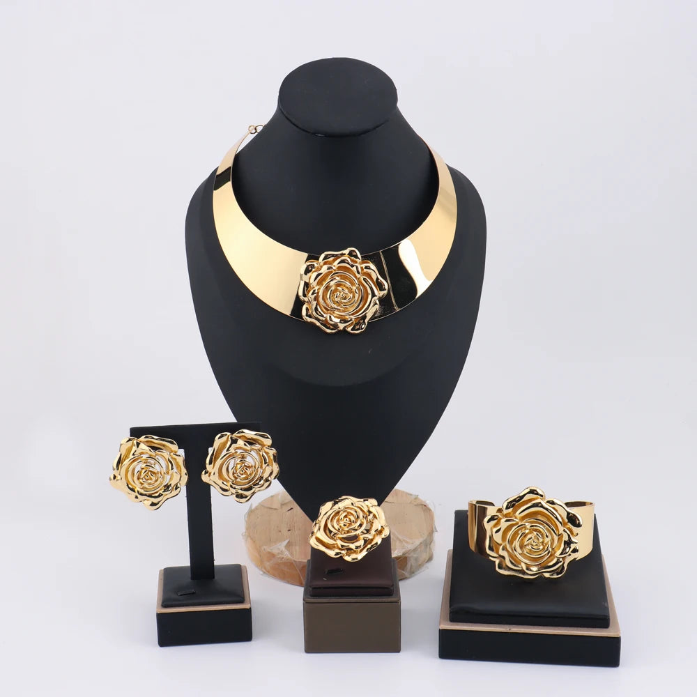 YM Golden Color Earrings Rings Bracelets Necklace charms  Jewelry 4-piece Set  Wedding Banquet Party