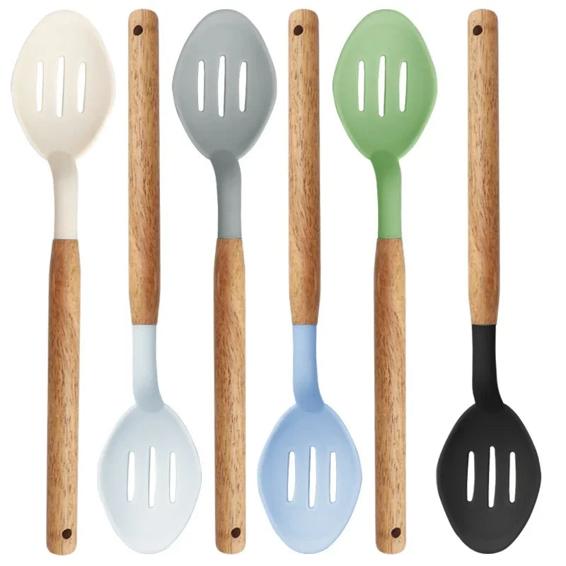 11-piece silicone cooking utensils set with wooden handles, eco-friendly and non-stick, ideal for kitchen use.