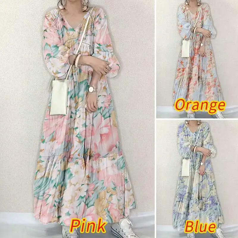 Women Long Causal Dress ZANZEA Fashion Floral Printed Autumn Long Sleeve Loose Holiday Sundress Robe