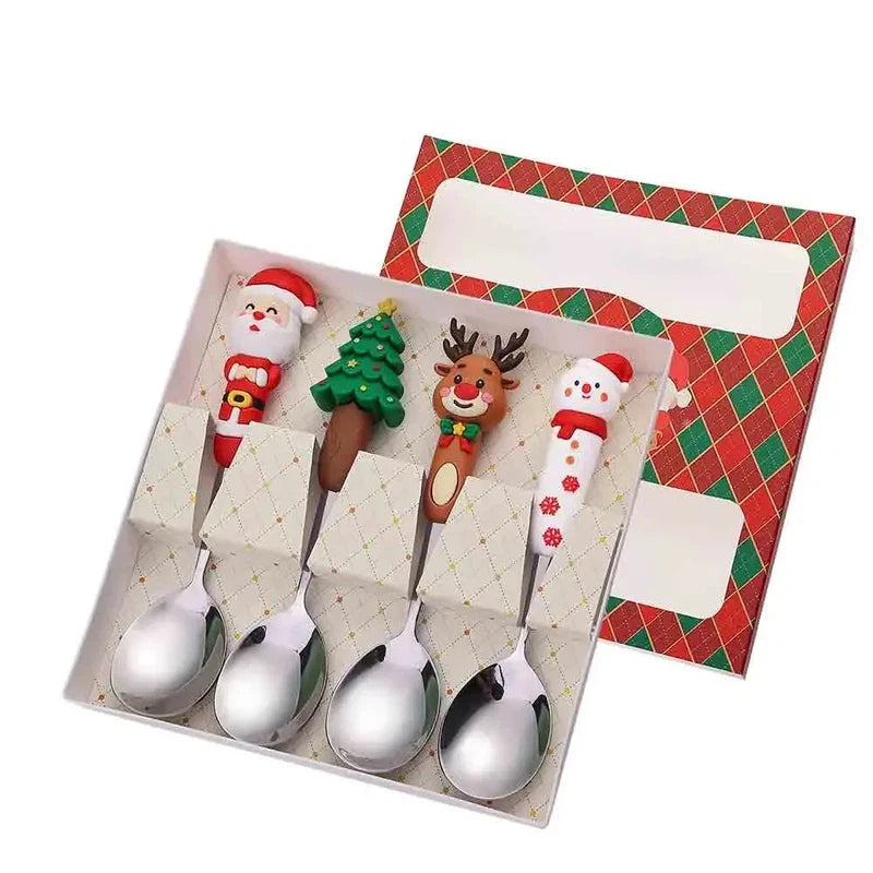 Christmas cutlery set with stainless steel spoons and forks featuring creative cartoon doll designs.