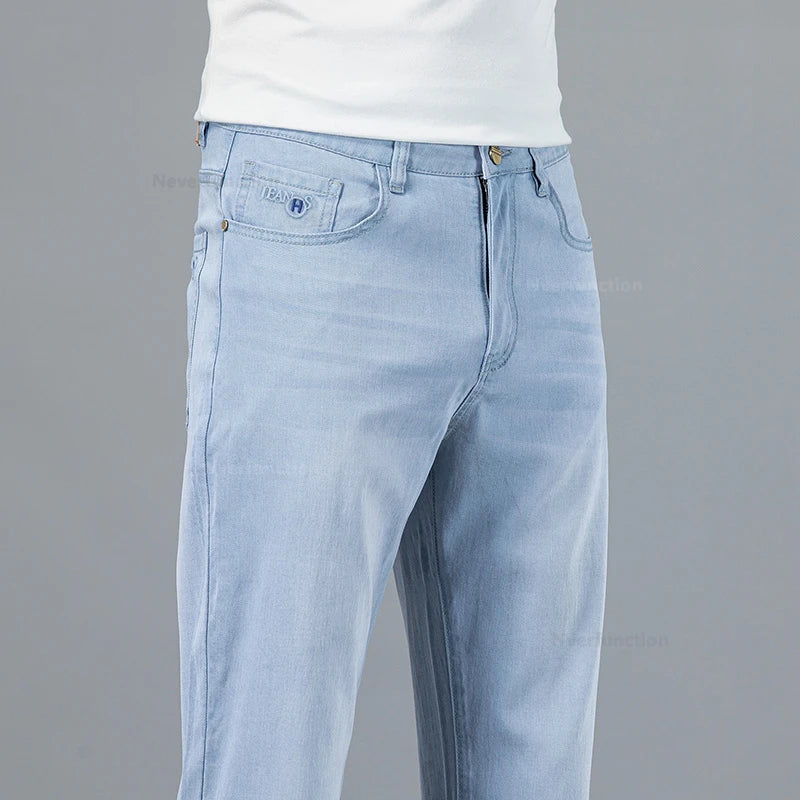 Men's Jean Pant Ultra-thin Light Blue Lyocell Fabric Breathable Loose Straight Business Casual Male Denim Trousers