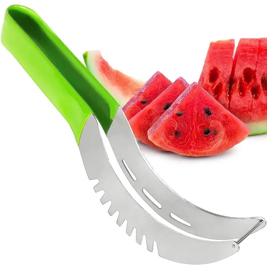 Watermelon slicer with stainless steel blade and non-slip plastic handle for safe fruit cutting.