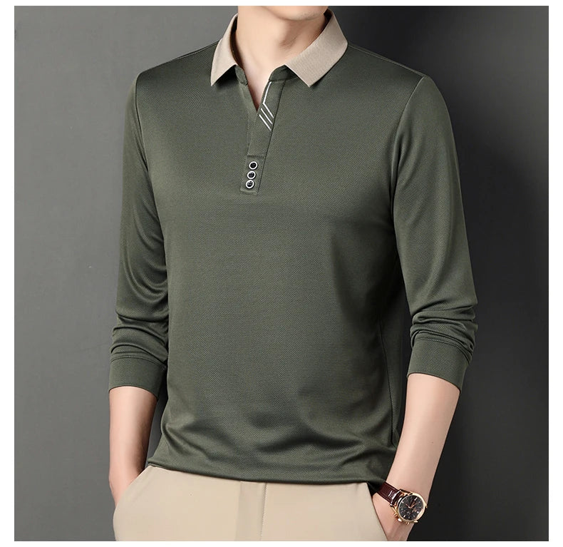 Men's Polo T-Shirt Casual Waffle Long Sleeve T-shirt Spring Autumn Elastic Lapel Base Shirt Top Brand Male Clothes