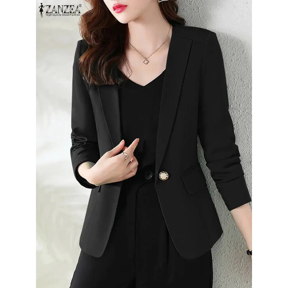 Women Blazer by ZANZEA Women Elegant OL Jackets Casual Slim Outwear Solid Lapel Neck Long Sleeve Work Thin Coats