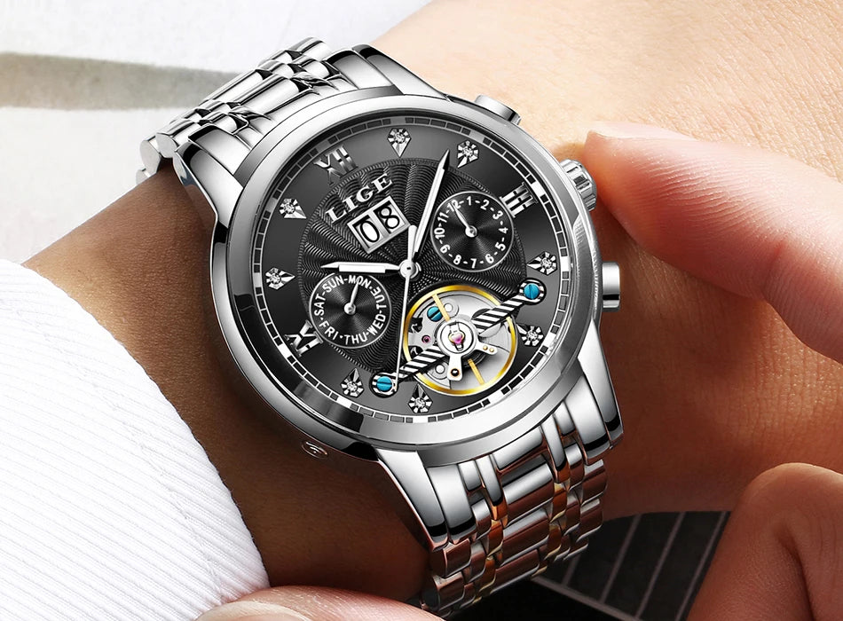 LIGE Luxury Tourbillon Watch for Men Sport Men's Mechanical Wristwatches Casual Waterproof Automatic Watch