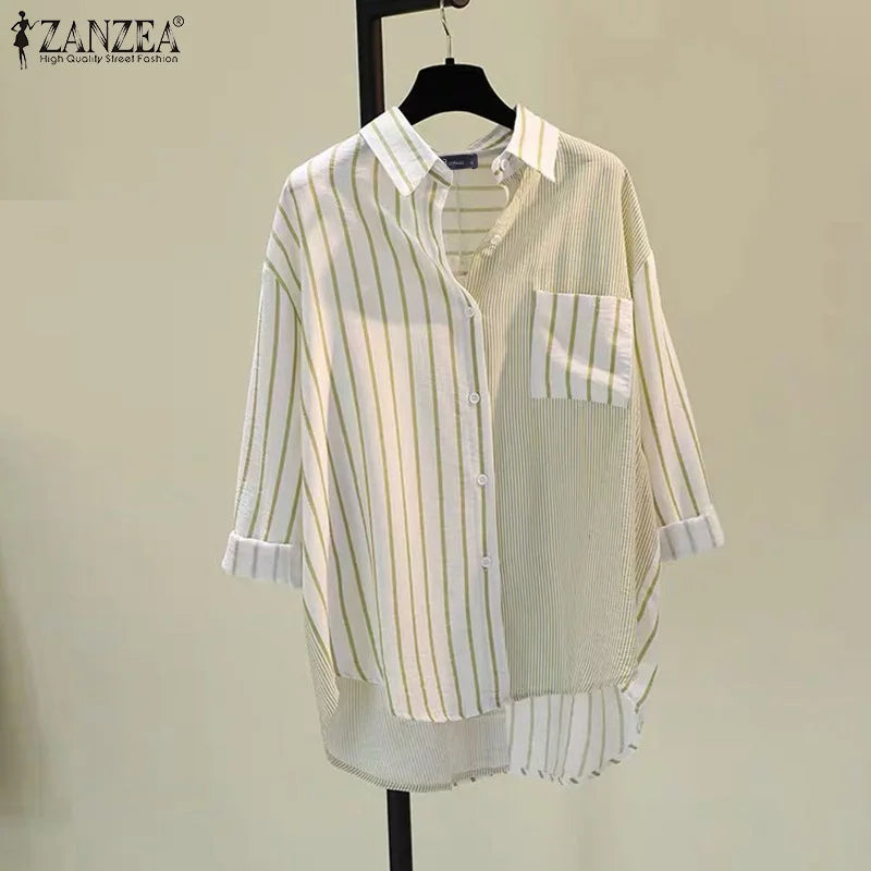 ZANZEA Women Blouse Lapel Neck Long Sleeve Striped, Spring Patchwork Tops, Stylish Casual Buttons Down Shirt Loose Blouse