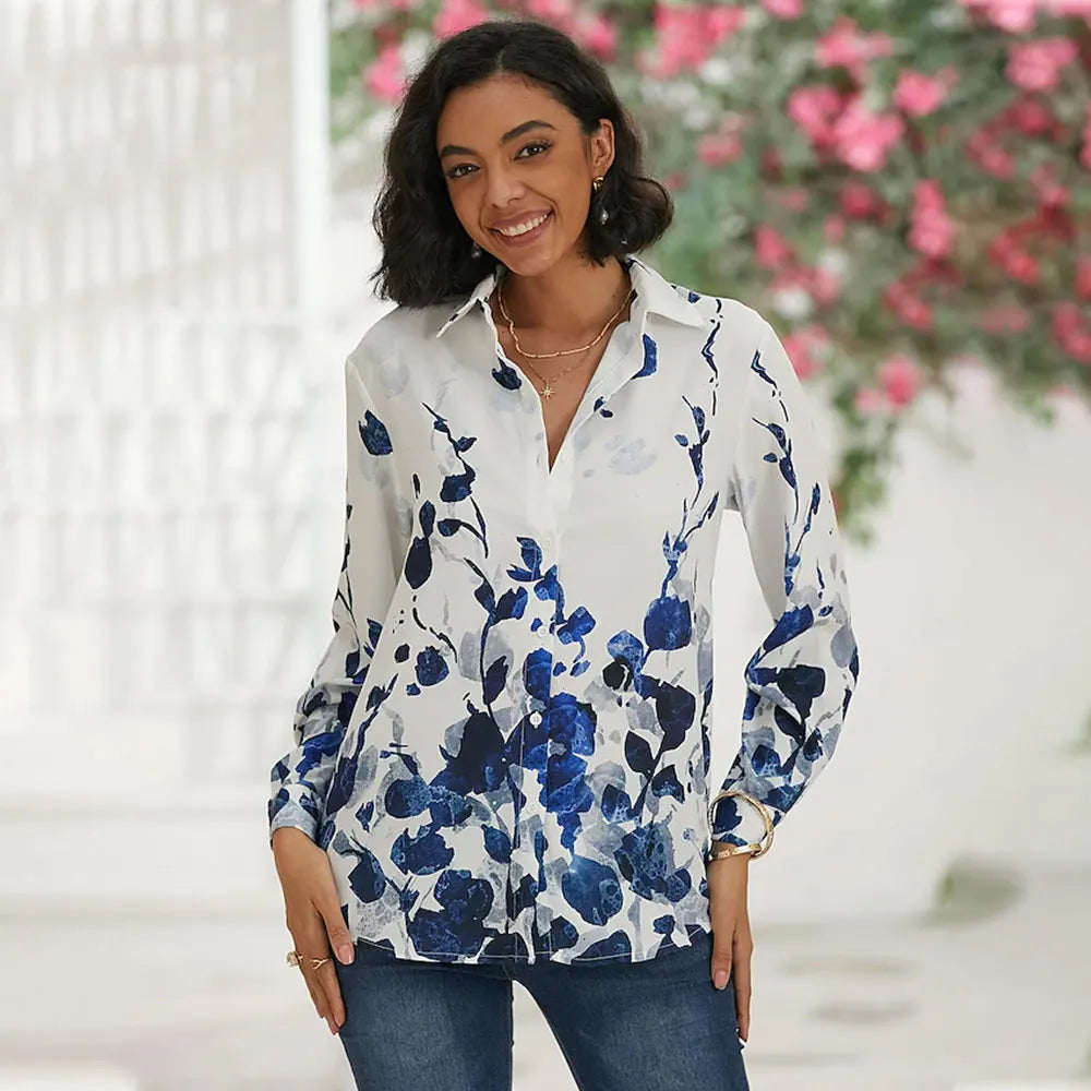 Women's Long Sleeve Shirt 3D Flower Printed Button Long Sleeve Tops Women's Blouse For Office Lady Clothing