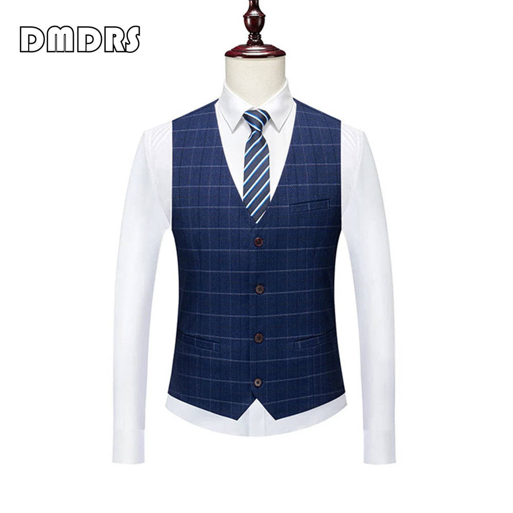 Men's Suit with Tuxedo Jacket Vest & Pants Three Pieces Tux Classy Slim Fit Suit Set for Navy Plaid Smart Formal Set and  Wedding Party Outfit (no shoes)