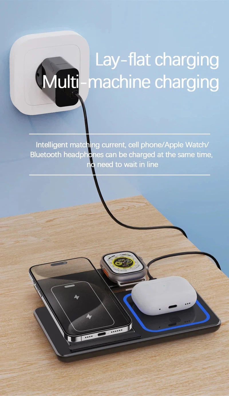 30W magnetic wireless charger stand charging iPhone, Apple Watch, and AirPods on a desk.