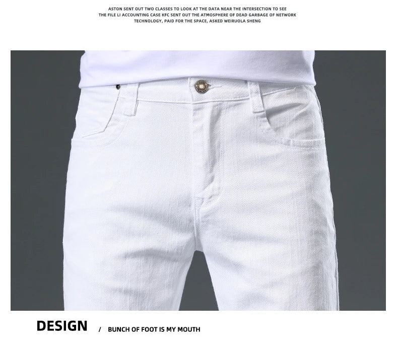 Men's Jean Slim Casual Jeans Pure White Stretch Straight Gentleman's Jeans Long Trousers Classic