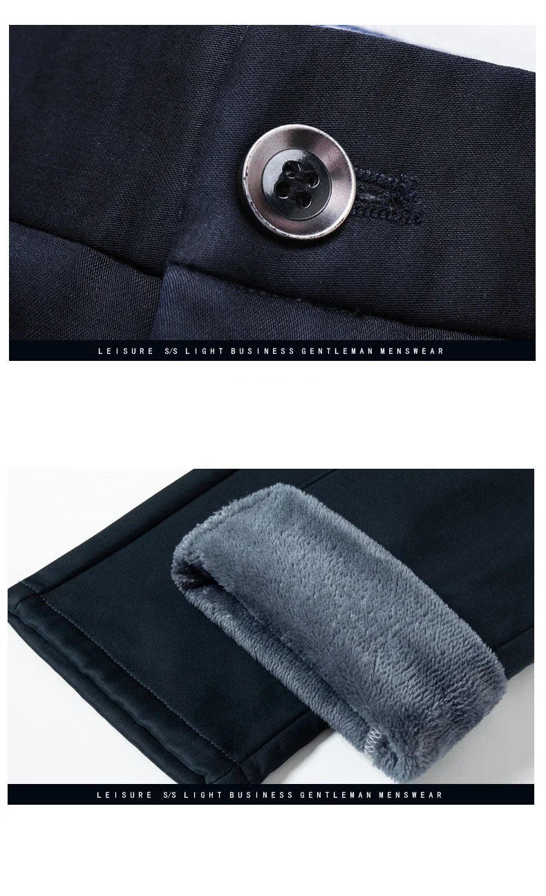 Men Pants Fleece Winter Thickened Casual Warm Classic Business Plush Straight Elastic Trousers Clothes Black Blue