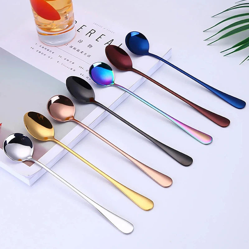 6 stainless steel long handle spoons in assorted colors for coffee, tea, ice cream, and dessert.