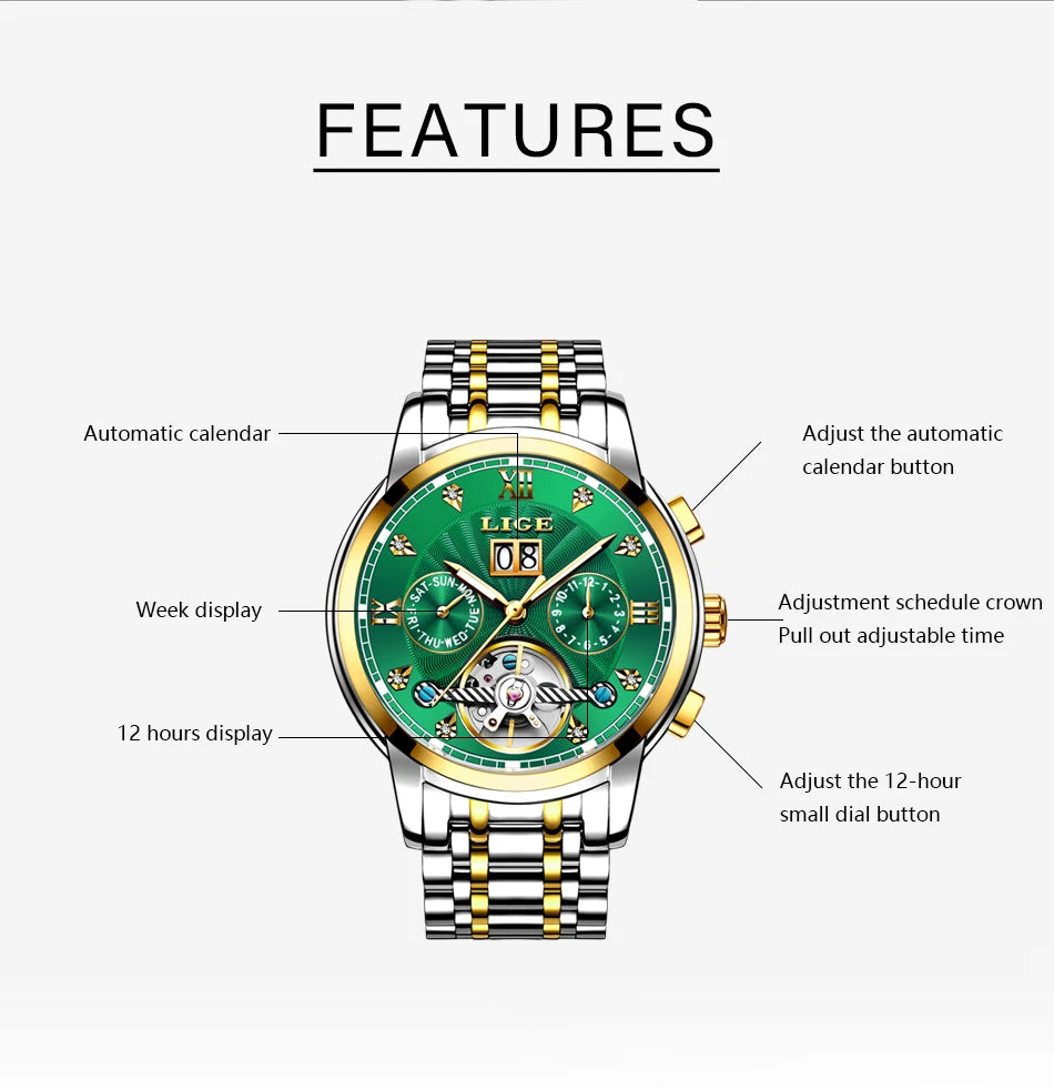 LIGE Luxury Tourbillon Watch for Men Sport Men's Mechanical Wristwatches Casual Waterproof Automatic Watch