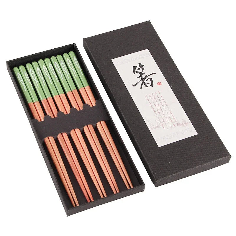 5 pair wooden non-slip chopsticks set in gift box, multi-color design, eco-friendly bamboo material.