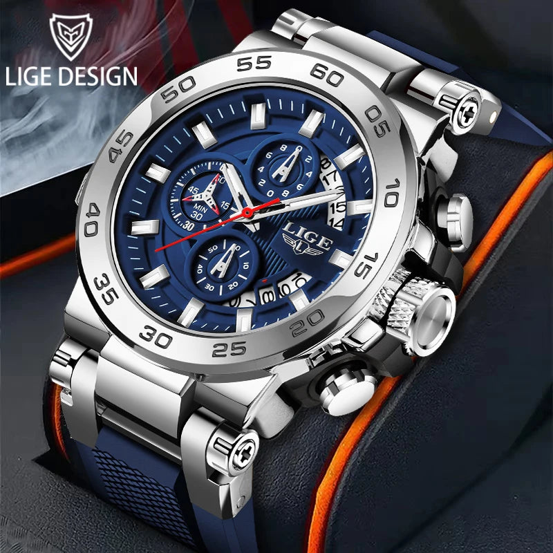 LIGE Men's Watches Top Luxury Brand Big Dial Waterproof Quartz Wristwatch Sport Chronograph Clock