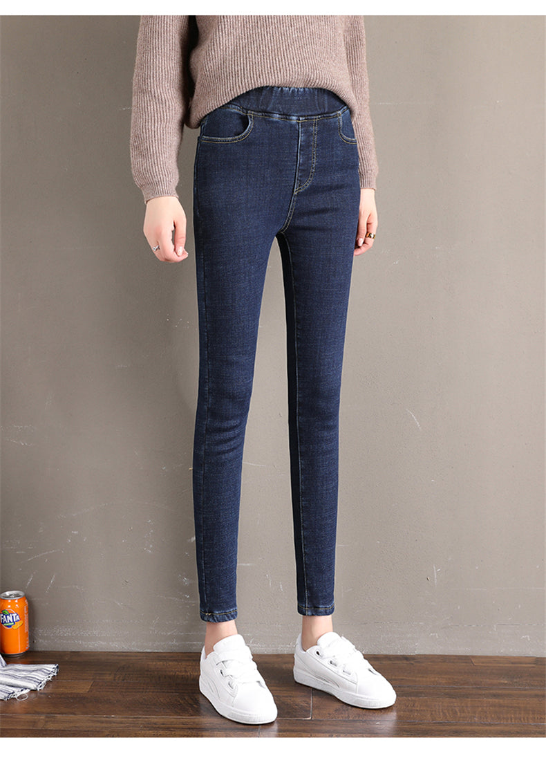 Women Jean Casual Thick Thermal  Winter New Skinny Stretch waist Jeans Fleece Pencil Pants Plush Warm Trousers