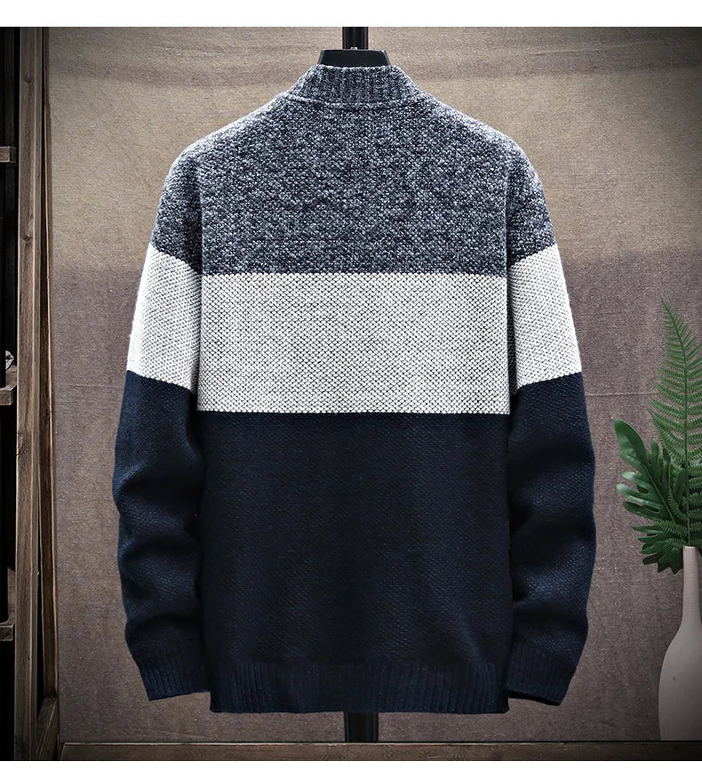 Cardigan Sweater Men Autumn Winter Fleece Zipper Sweaters Velvet Contrast Striped Sweater Coats Casual Jackets