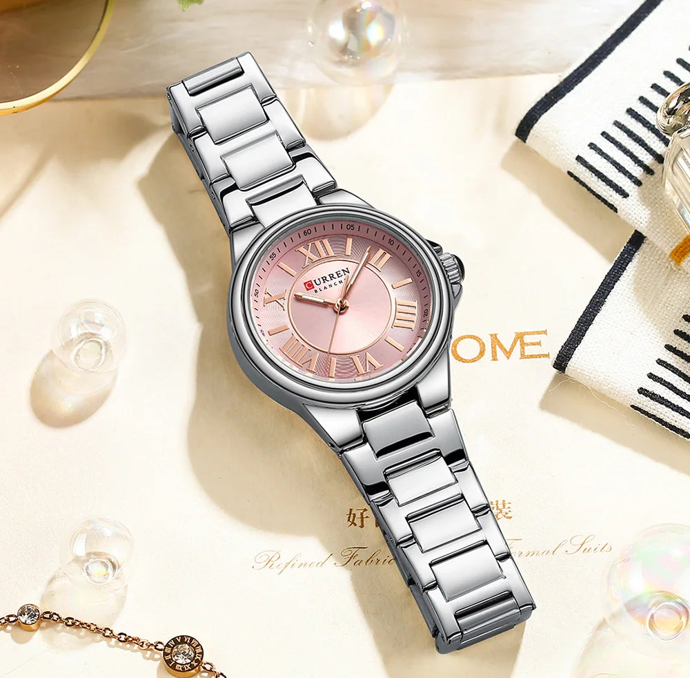 Women Watch CURREN Wristwatches Thin Quartz Watch with Luminous Hands Stainless Steel Bracelet
