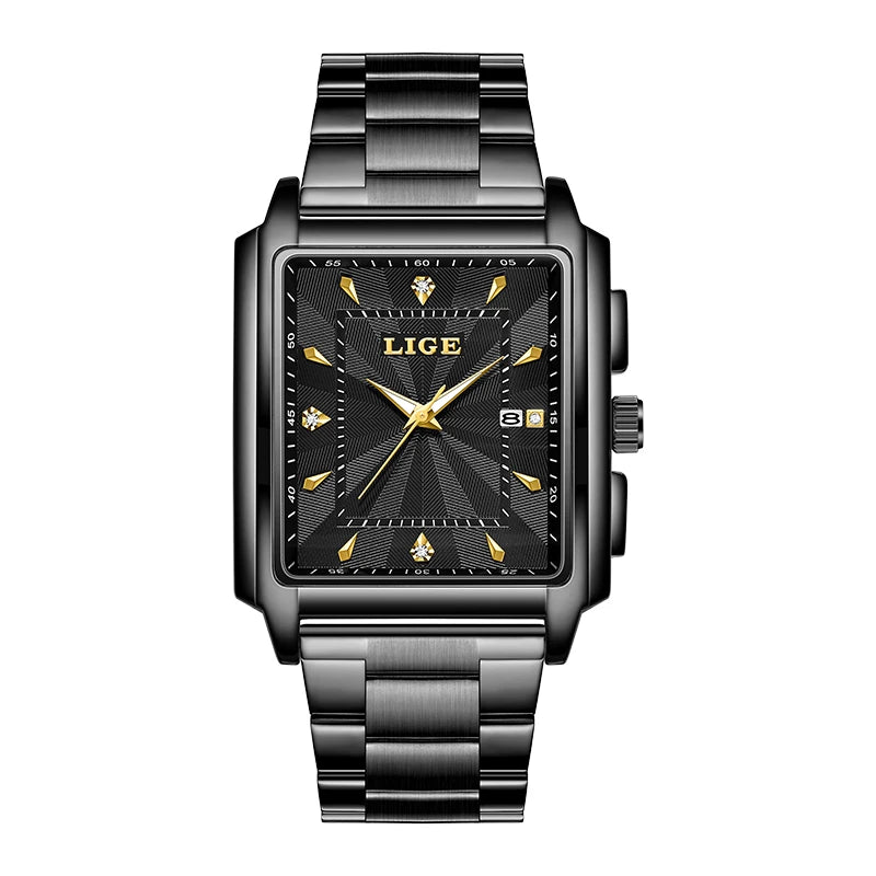 LIGE Men Square Gold Watch Top Brand Luxury Quartz Watches Stainless Steel Waterproof Wristwatch Relogio Masculino