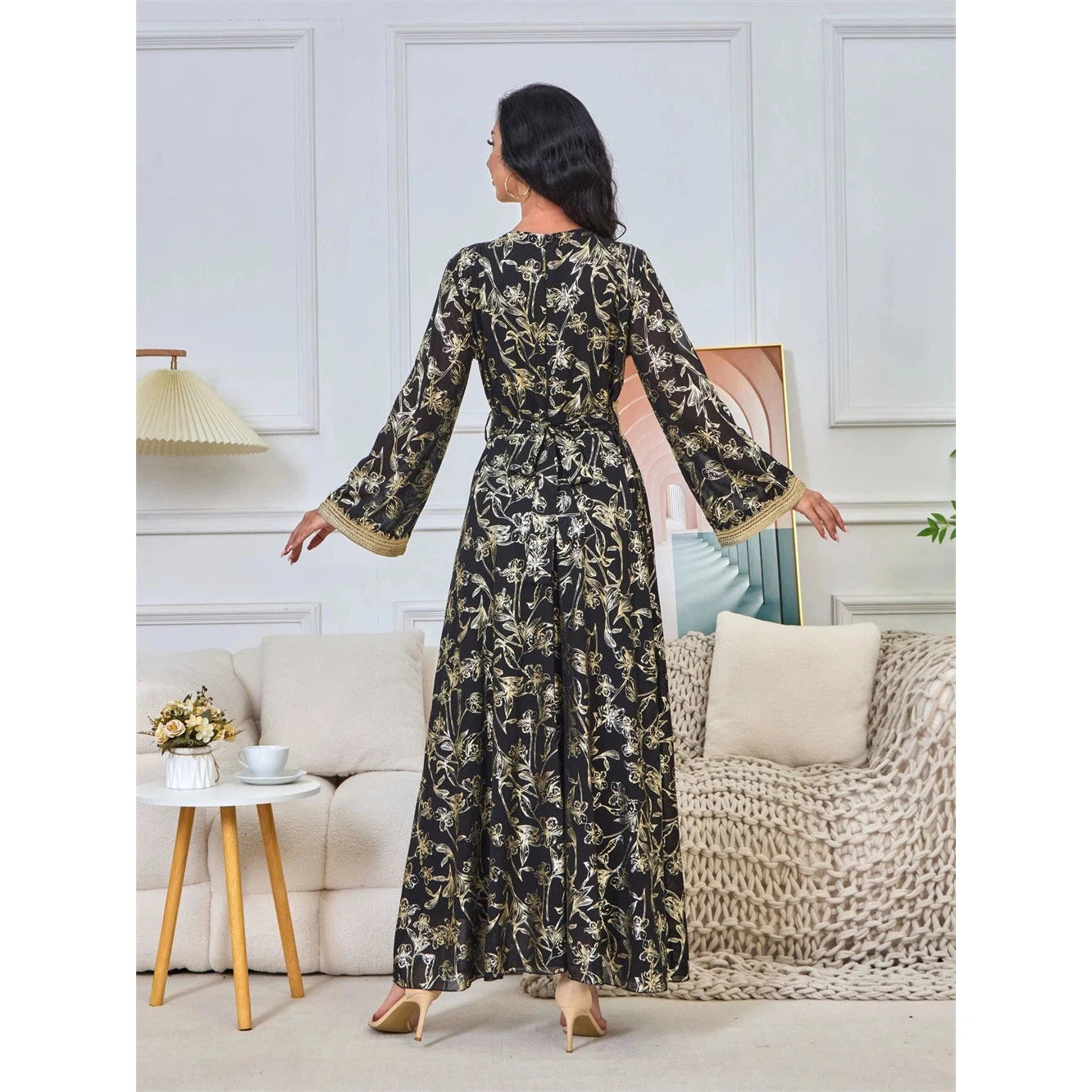 Arabic Caftan Dress for Women Long Evening Dresses A Line Gold Lace Applique Elegant Party Gown