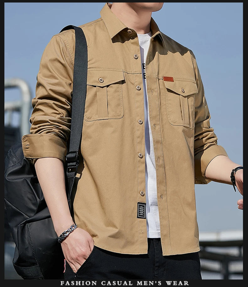 Men's Shirt Cotton New Cargo Style Long Sleeve Outdoor Casual High Quality Clothing