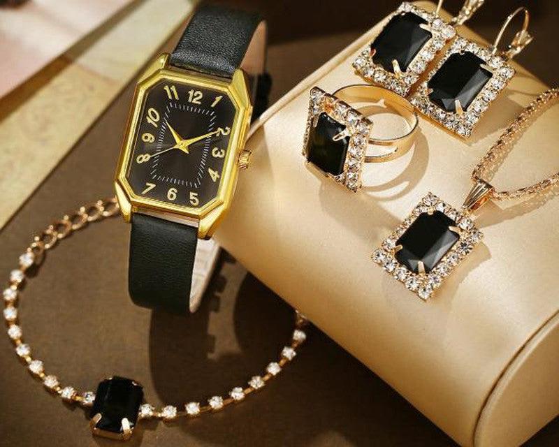 Square Quartz Watch Leather Belt Along With Matching Necklace and Earring Sets.