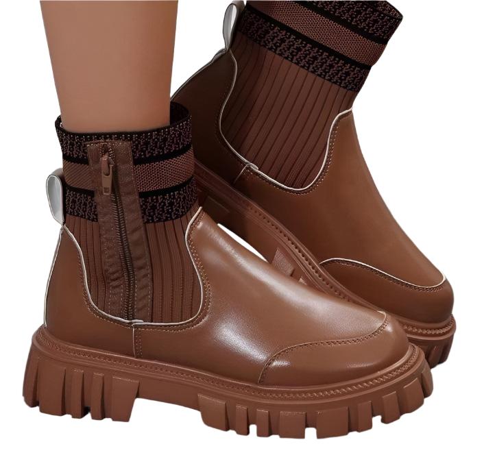 Winter Boots With Zipper Non-slip Thick Sole For Women, Round Toe Shoes