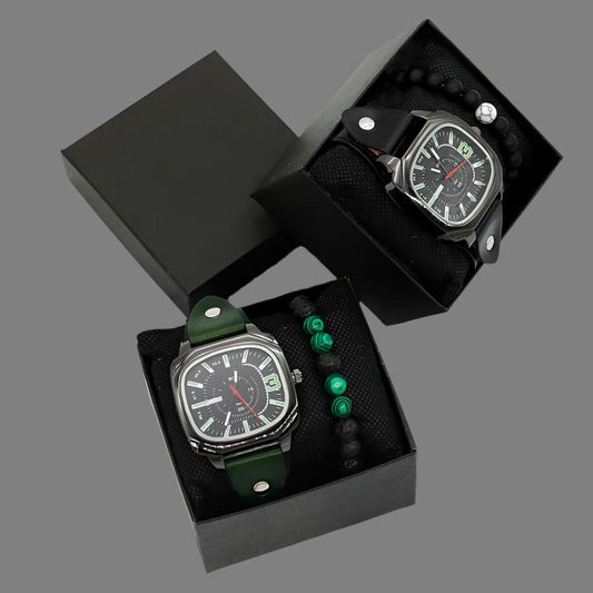 Men's quartz watch with bracelet gift set in green and black options.