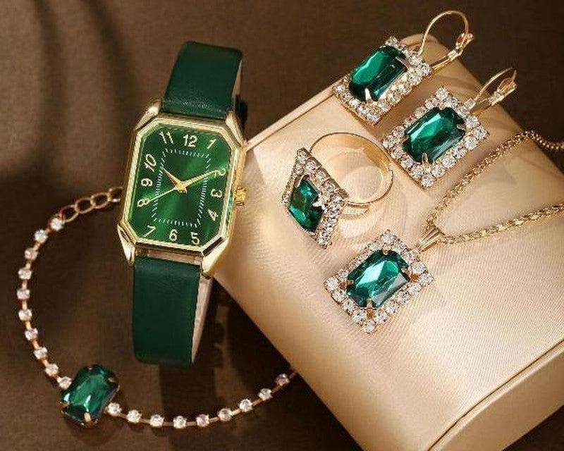 Square Quartz Watch Leather Belt Along With Matching Necklace and Earring Sets.