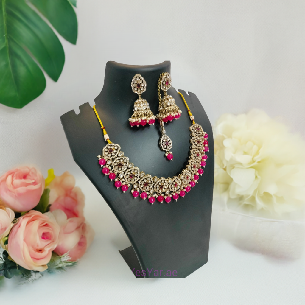 A1 Women Necklace with Jumka Earrings Pair and Bindi Set Elegant Classic & Majestic Stylish Look for Festival & Celebration YY-AJ-NEB0001